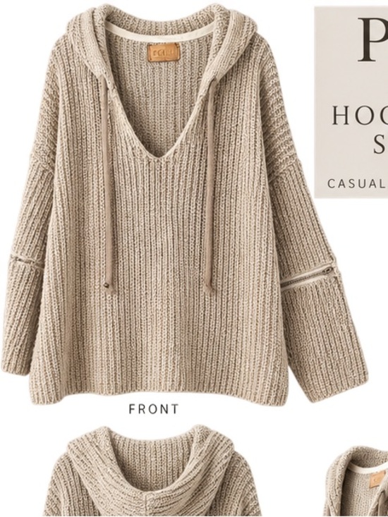 POL Sweaters - POL Hooded V‑Neck Chunky Knit Sweater in Tan